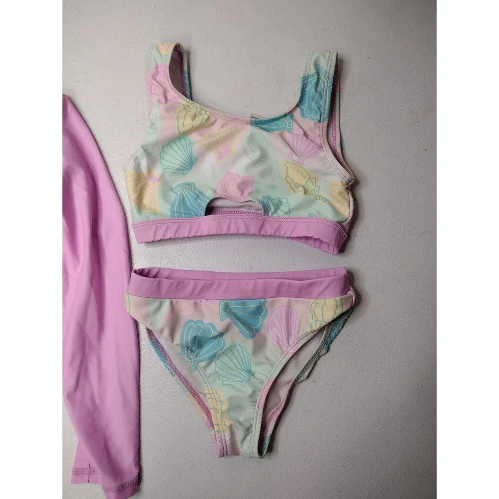 Betsey Johnson Kids Pink Seashell 3pc Rash Guard Bikini Swimsuit Set Size 6